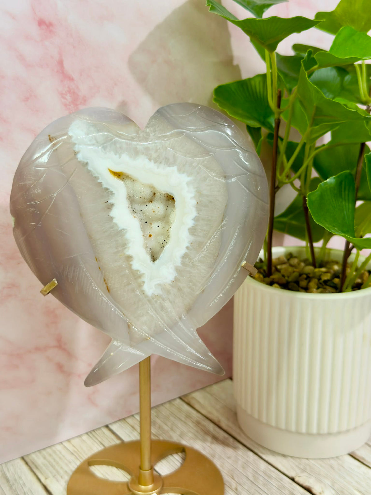 Natural  druzy agate heart/wings carving